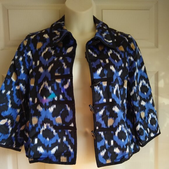 DONCASTER Toggle Button Up Blazer Jacket Top Blue Printed Silk Blend - Picture 2 of 5